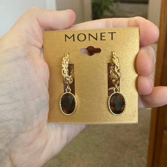 Monet Gold and Dark Stone Hoop Earrings - Picture 3 of 4